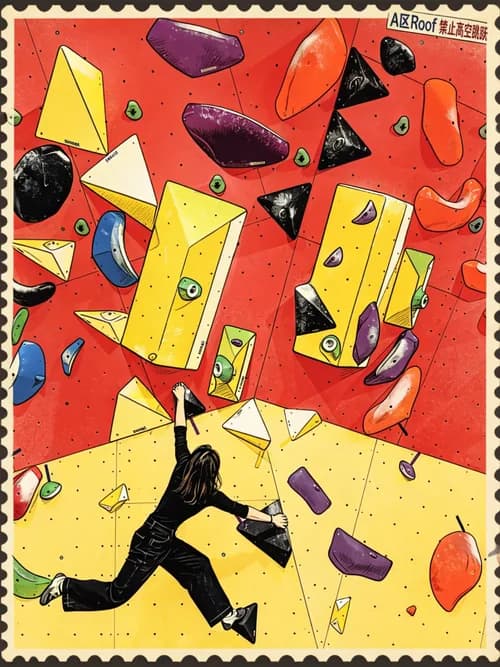 Illustrated indoor climbing wall with colorful holds